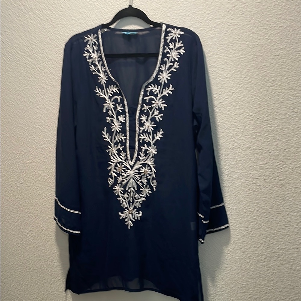 Navy Blue Embroidered Swim Coverup Large